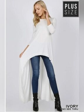Zenana Outfitters Ivory Asymmetric Hi-Low Waterfall Tunic Top | 3/4 Sleeve